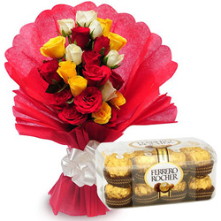 Blooming Birth Day Mixed Roses with Enjoyable Ferrero Rocher Blooming Birth Day Mixed Roses with Enjoyable Ferrero Rocher