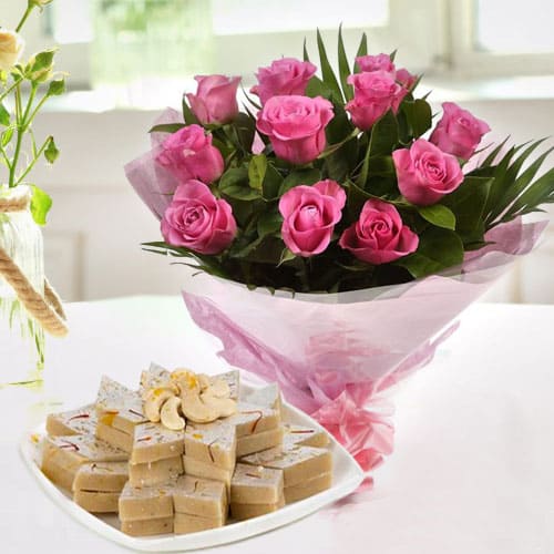 Exotic Pink Roses Bunch with Kaju Katli