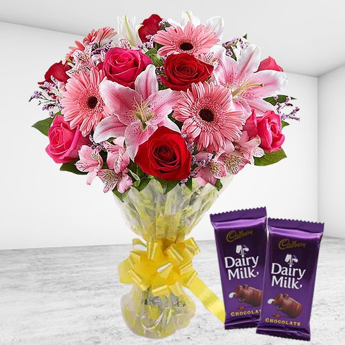 Lovely Mixed Flowers Bouquet and Cadbury Chocolates Lovely Mixed Flowers Bouquet and Cadbury Chocolates
