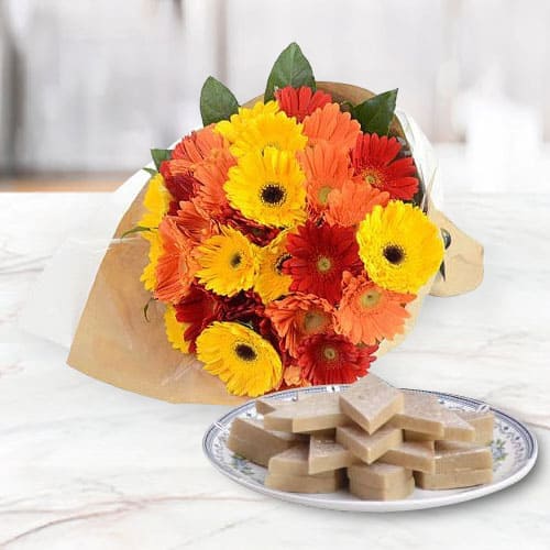 Delicious Kaju Katli and Arrangement of Mixed Gerberas Delicious Kaju Katli and Arrangement of Mixed Gerberas