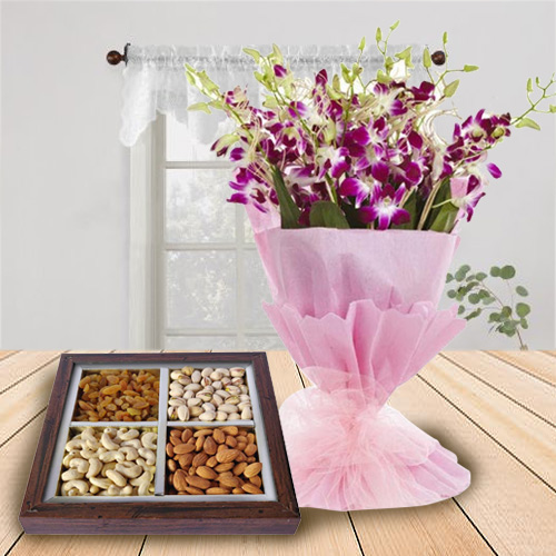 Special Dry Fruits Tray with Orchids Bouquet Special Dry Fruits Tray with Orchids Bouquet