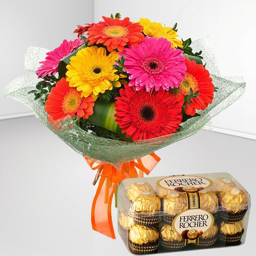 Pack of Ferrero Rocher Chocolates with Mixed Gerberas Bouquet