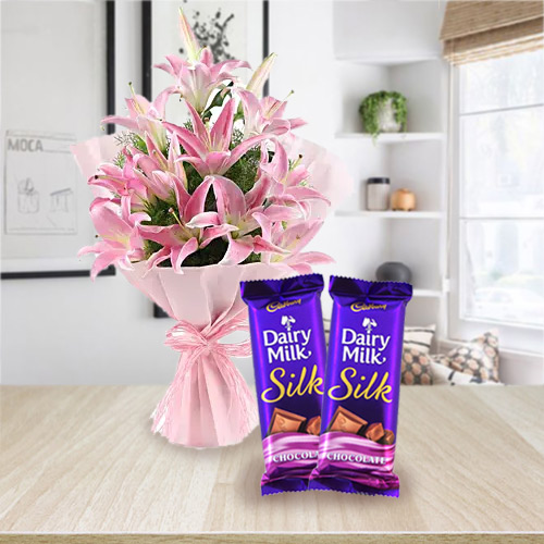 Wonderful Oriental Pink Lilies Bouquet with Dairy Milk Silk Wonderful Oriental Pink Lilies Bouquet with Dairy Milk Silk