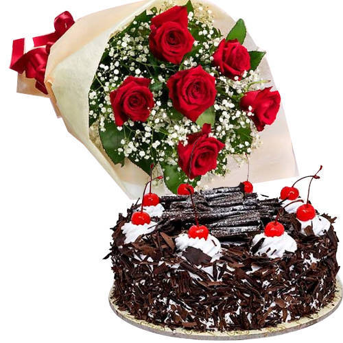 Attractive Combo of Black Forest Cake N Bouquet of Red Rose