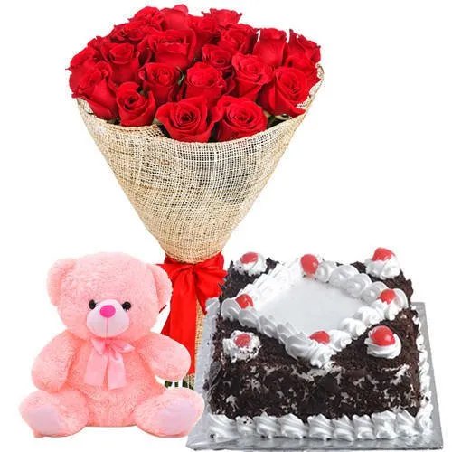 Delicious Black Forest Cake with Red Rose Bouquet and Teddy Delicious Black Forest Cake with Red Rose Bouquet and Teddy