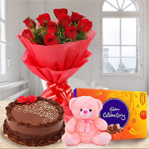 Chocolate Cake with Rose Bouquet Teddy and Cadbury Celebrations Chocolate Cake with Rose Bouquet Teddy and Cadbury Celebrations