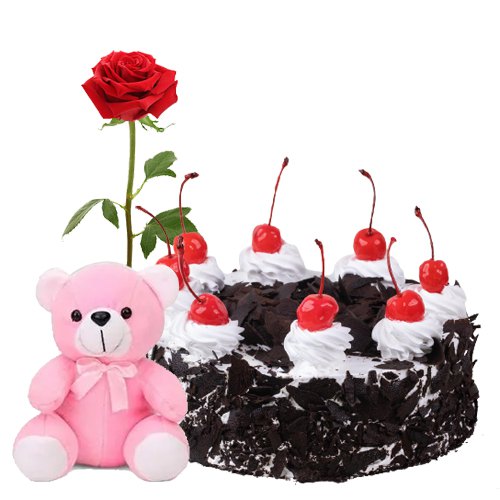 Delicious Black Forest Cake with Rose and Teddy Delicious Black Forest Cake with Rose and Teddy