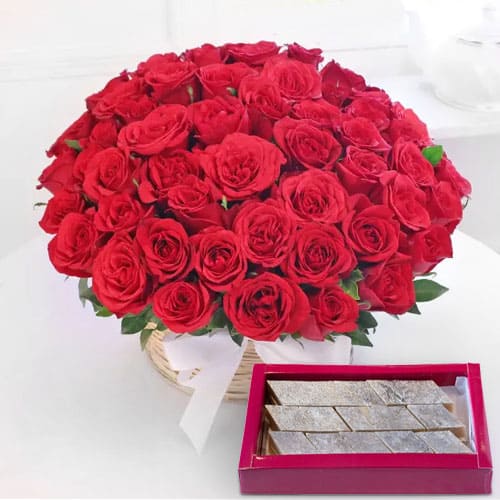 Kaju Barfi N Red Roses Basket Arrangement Kaju Barfi N Red Roses Basket Arrangement