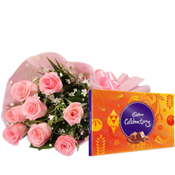 Combo of Cadbury Celebrations N Pink Rose Bouquet Combo of Cadbury Celebrations N Pink Rose Bouquet