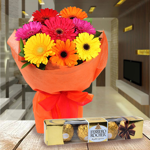 Fascinating Gerberas Bouquet with Ferrero Rocher Fascinating Gerberas Bouquet with Ferrero Rocher