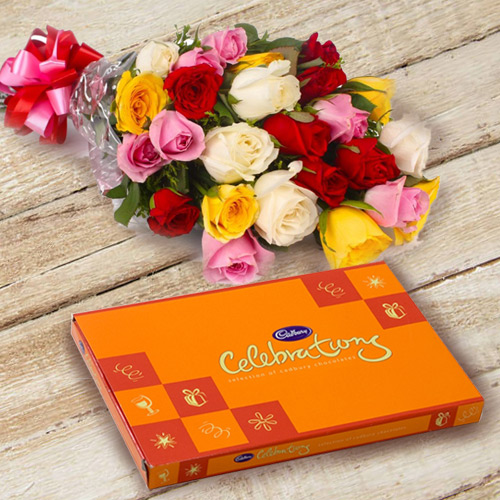 Mixed Roses Bunch with Cadbury Celebrations Mixed Roses Bunch with Cadbury Celebrations