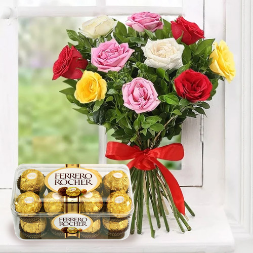 Beautiful Mixed Roses Bunch with Ferrero Rocher Chocolates Beautiful Mixed Roses Bunch with Ferrero Rocher Chocolates