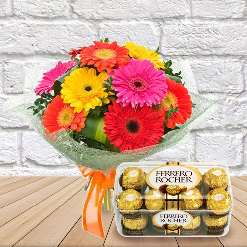 Exotic Ferrero Rocher Chocolates with Mixed Gerberas Bouquet Exotic Ferrero Rocher Chocolates with Mixed Gerberas Bouquet