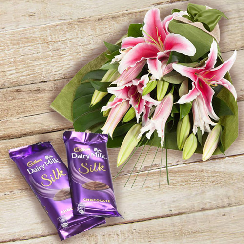 Delicious Dairy Milk Silk with Bouquet of Pink Lilies Delicious Dairy Milk Silk with Bouquet of Pink Lilies