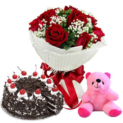 Charming Red Rose Bouquet, Black Forest Cake and Teddy
