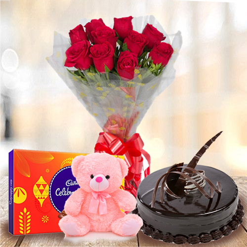 Cute Teddy with Chocolate Cake Red Rose Bouquet N Cadbury Celebrations Cute Teddy with Chocolate Cake Red Rose Bouquet N Cadbury Celebrations