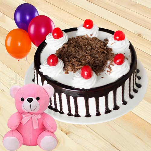 Pretty Single Rose Gift with Fresh Black Forest Cake Teddy and Balloons Pretty Single Rose Gift with Fresh Black Forest Cake Teddy and Balloons