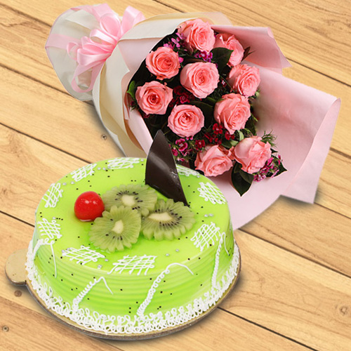 Expressive Bouquet of Red Roses with Kiwi Cake Expressive Bouquet of Red Roses with Kiwi Cake