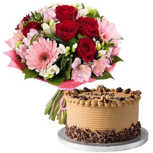 Delightful Combo of Mixed Flowers Bouquet N Coffee Cake Delightful Combo of Mixed Flowers Bouquet N Coffee Cake
