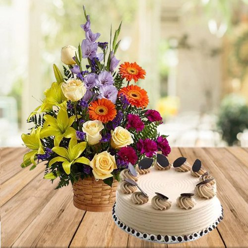 Radiant Mixed Flowers Arrangement with Coffee Cake Radiant Mixed Flowers Arrangement with Coffee Cake