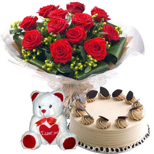 Amazing Combo of Red Roses Bouquet with Coffee Cake N Teddy Amazing Combo of Red Roses Bouquet with Coffee Cake N Teddy