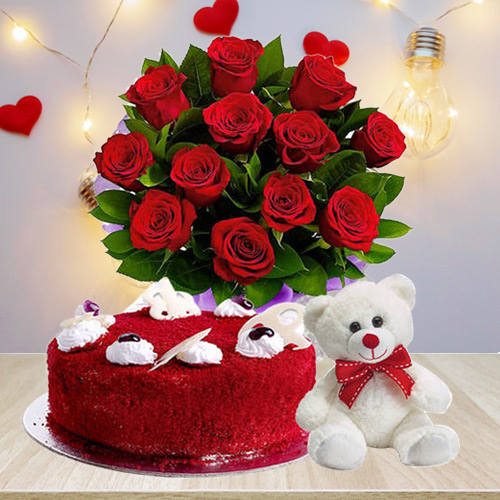 Charming Red Roses Bouquet with Red Velvet Cake N Teddy