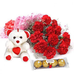 Exotic Ferrero Rocher with Teddy N Assorted Carnations Bouquet Exotic Ferrero Rocher with Teddy N Assorted Carnations Bouquet