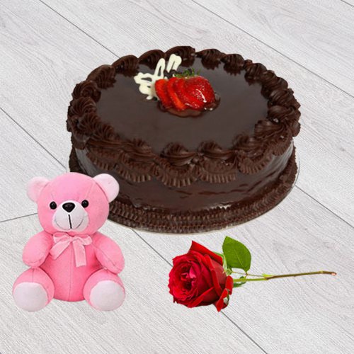 Yummy Chocolate Cake with Teddy N Red Rose Yummy Chocolate Cake with Teddy N Red Rose