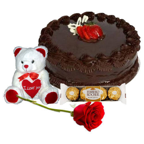 Tasty Chocolate Cake with Teddy Ferrero Rocher N Red Rose Tasty Chocolate Cake with Teddy Ferrero Rocher N Red Rose