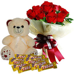 Stunning Bouquet of Red Roses with Cadbury 5 Star N Teddy Stunning Bouquet of Red Roses with Cadbury 5 Star N Teddy