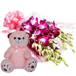 Dazzling Combo of Orchids Bunch N Teddy Dazzling Combo of Orchids Bunch N Teddy