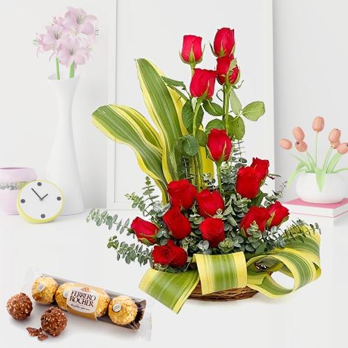Attention Getting Red Roses Arrangement with Ferrero Rocher