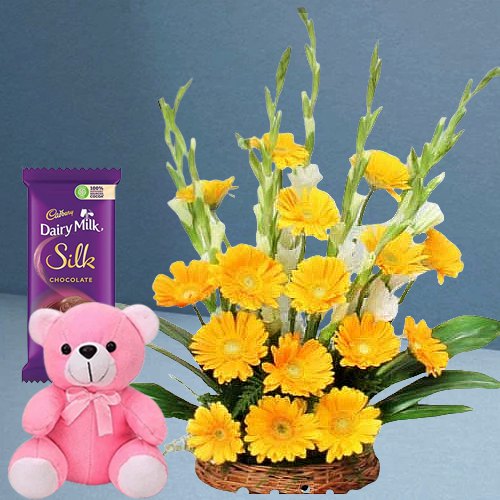 Radiant Yellow Gerberas Arrangement with Teddy N Cadbury Silk Radiant Yellow Gerberas Arrangement with Teddy N Cadbury Silk