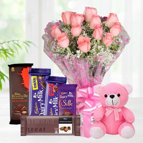 Bouquet of Pink Roses with Teddy N Assorted Cadbury Chocolates Bouquet of Pink Roses with Teddy N Assorted Cadbury Chocolates