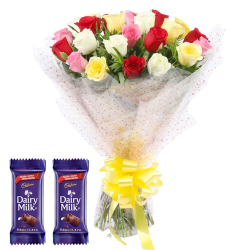 Long Stem Mixed Roses Bouquet with Dairy Milk Crackle Long Stem Mixed Roses Bouquet with Dairy Milk Crackle