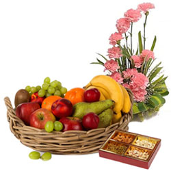 Superior Combo of Pink Carnations Basket and Top Quality Fresh Fruits Basket with Assorted Dry Fruits