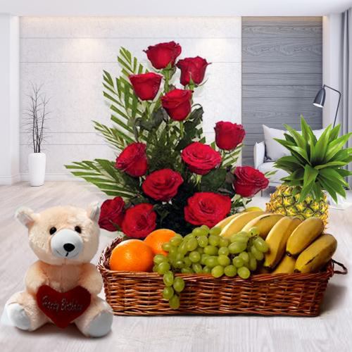 Marvelous Teddy with Roses Arrangement and Fruits Basket