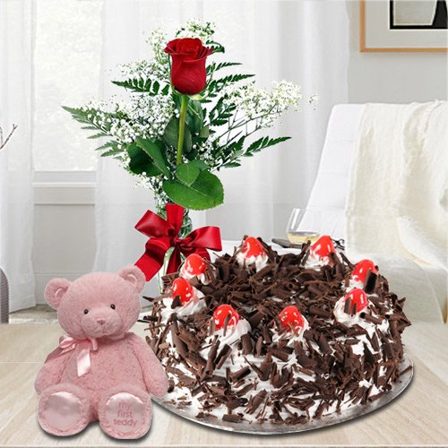 Single Red Rose with Teddy N Black Forest Cake Single Red Rose with Teddy N Black Forest Cake