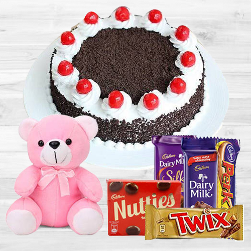 Black Forest Cake with Teddy N Mixed Cadbury Chocolates Black Forest Cake with Teddy N Mixed Cadbury Chocolates
