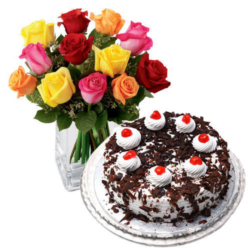 Fresh Black Forest Cake from 5 Star Bakery with Stunning Mixed Roses Fresh Black Forest Cake from 5 Star Bakery with Stunning Mixed Roses