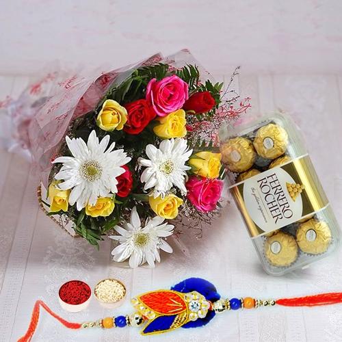 Ferrero Rocher Chocolates n Rakhi with Mixed Flower Bouquet Ferrero Rocher Chocolates n Rakhi with Mixed Flower Bouquet