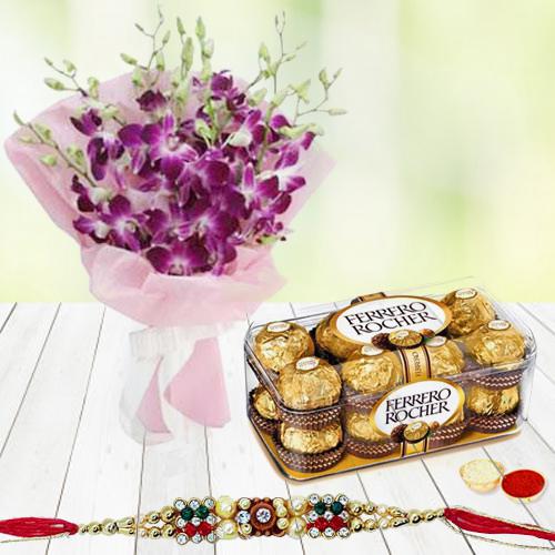 Ferrero Rocher Chocolates n Rakhi with Orchid Bouquet Ferrero Rocher Chocolates n Rakhi with Orchid Bouquet