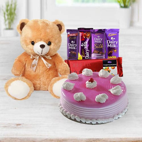 Exclusive Strawberry Cake with Chocolates N Teddy