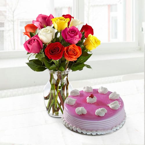Tasty Strawberry Cake with Assorted Roses in a Vase for Mom