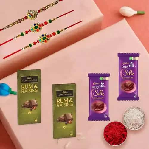 Trio Rakhi With Chocolate Delight Trio Rakhi With Chocolate Delight
