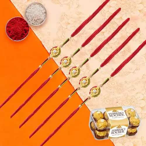 Set of 5 Rakhis with 16 pcs Ferrero Rocher Set of 5 Rakhis with 16 pcs Ferrero Rocher