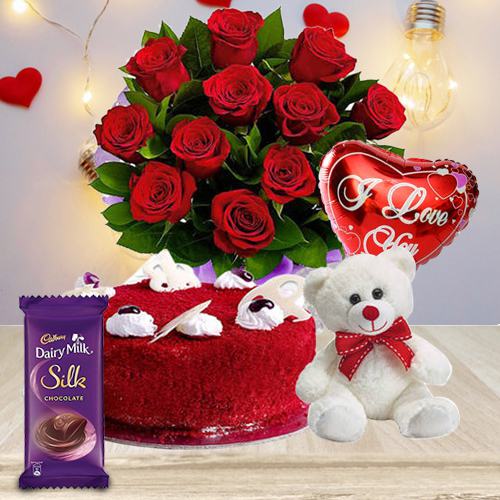 Ravishing Red Roses Bunch with Red Velvet Cake N Teddy