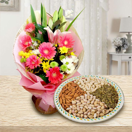 Seasonal Flowers with Assorted Dry Fruits Seasonal Flowers with Assorted Dry Fruits