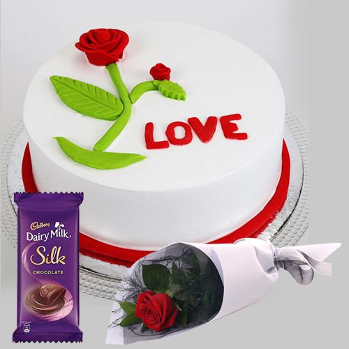 Yummy Vanilla Cake with Single Red Rose N Dairy Milk Silk