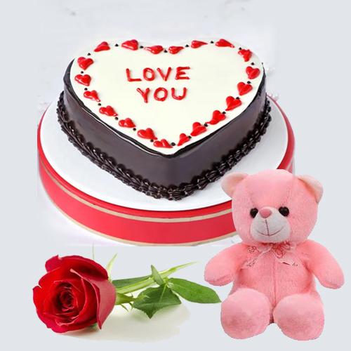 Sumptuous Heart Shape Chocolate Cake with Single Red Rose N Cute Teddy